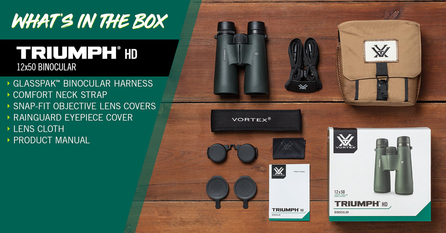 Vortex Triumph HD 12x50 Binoculars - HD Optical System, Fully Multi-Coated Lenses, Rubber Armor, Tripod Adaptable, Waterproof, Fogproof, Shockproof - Unlimited, Unconditional Warranty