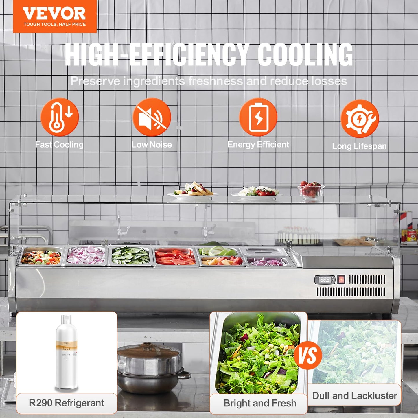 VEVOR Condiment Prep Rail Station, 150 W Countertop Refrigerated Condiment Station, with 4 1/3 4 1/6 Pans, 304 Stainless Body and PC Lid, Sandwich Prep Table with Glass Guard, ETL, Silver