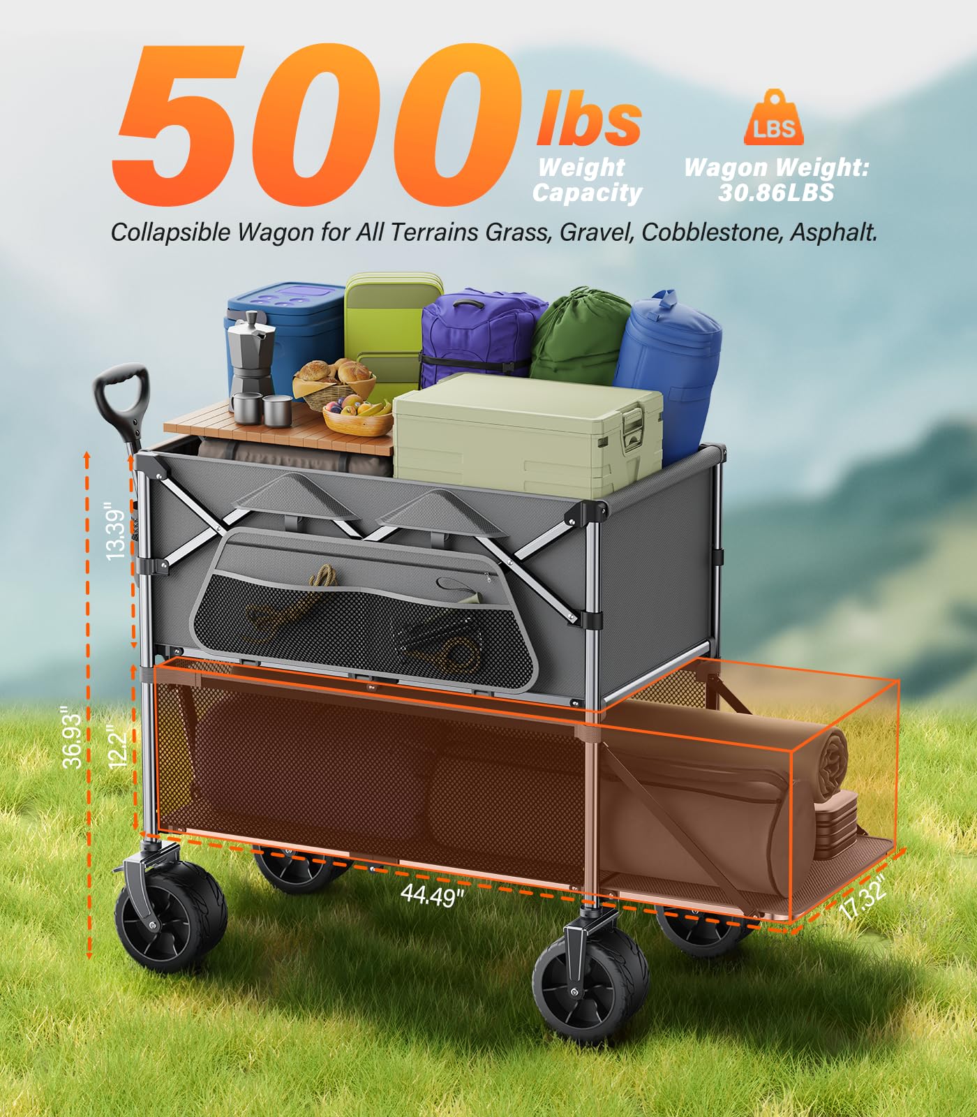 everyfun Pro Collapsible Wagon Double Decker,Wagons Carts Foldable,Heavy Duty Wagon Camping Sports Garden Grocery,Utility Wagon for All Terrain Grey