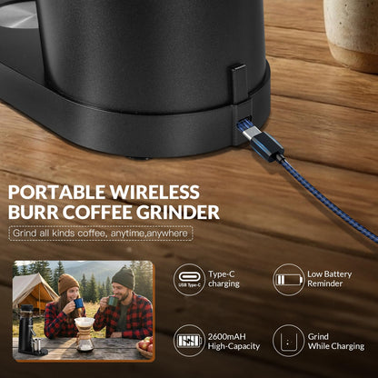 Coffee Grinder, Rechargeable Cordless Stainless Steel Conical Burr Coffee Bean Grinder with Air Blower, 60 Grind Settings, Anti-Static, Compact & Quiet for Home,Office, Camping Use, Black