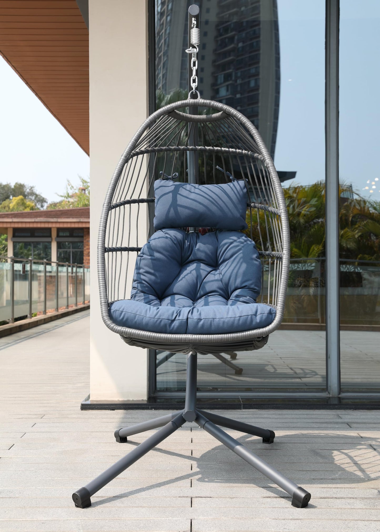 KEIKI Egg Chair with Stand, Patio Wicker Hanging Swing Reading Rocking Chair with Removable Guardrail, Hammock Chair with Aluminum Frame for Indoor Outdoor Vacation Balcony Porch Backyard, Blue