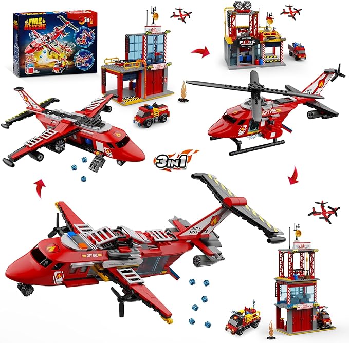3 in 1 City Fire Rescue Plane Building Sets Compatible with Lego Fire Station Helicopter Fire Truck Airplane Building Blocks Kits for Boys Girls for Adults Teens 14+ (823 PCS)