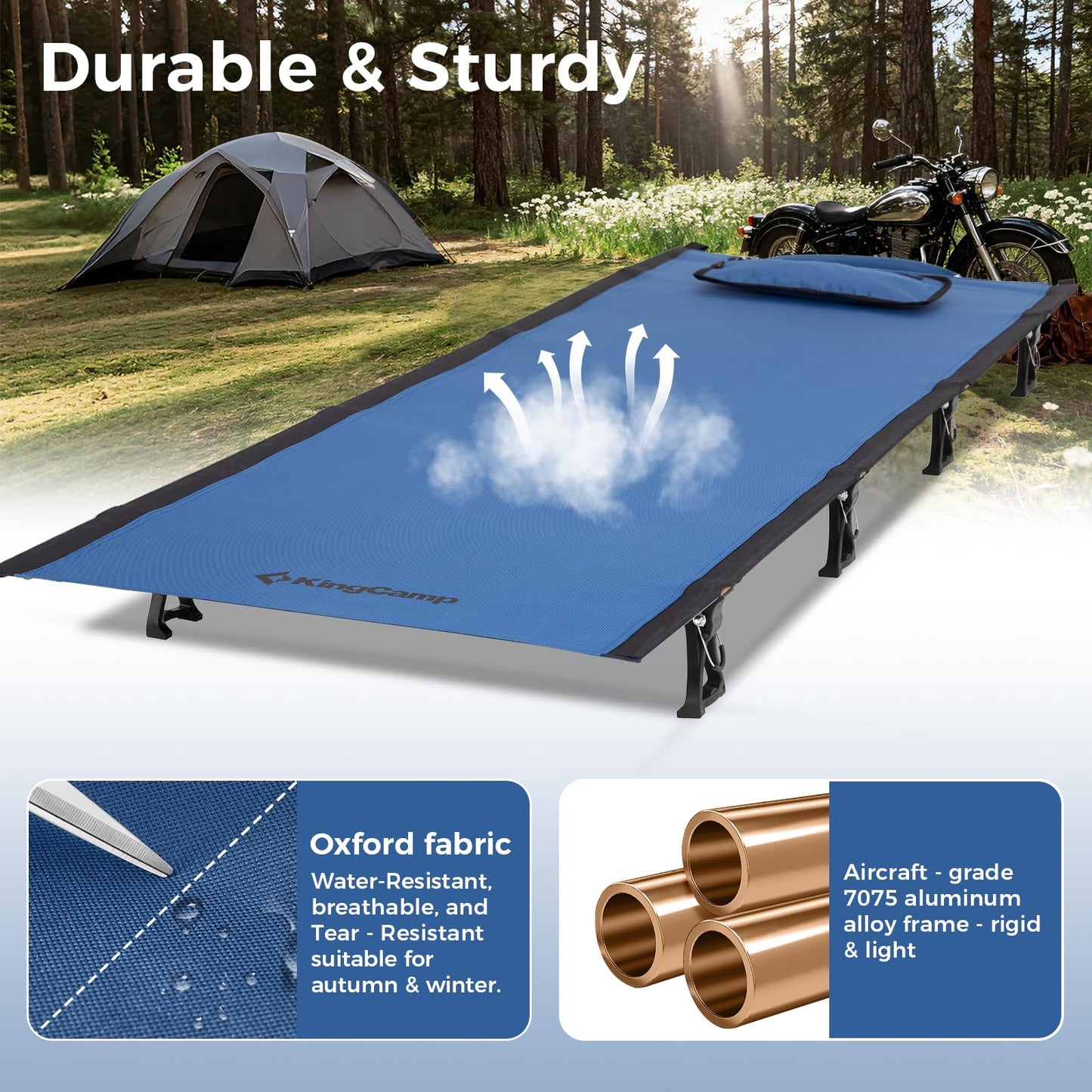 KingCamp Ultralight Camping Cot, Portable Folding Sleeping Cot for Adults, 265 Lbs Heavy Duty Compact Bed for Outdoor Backpacking Travel Hiking, Extra Wide 75 x 25 Inches, Blue Black