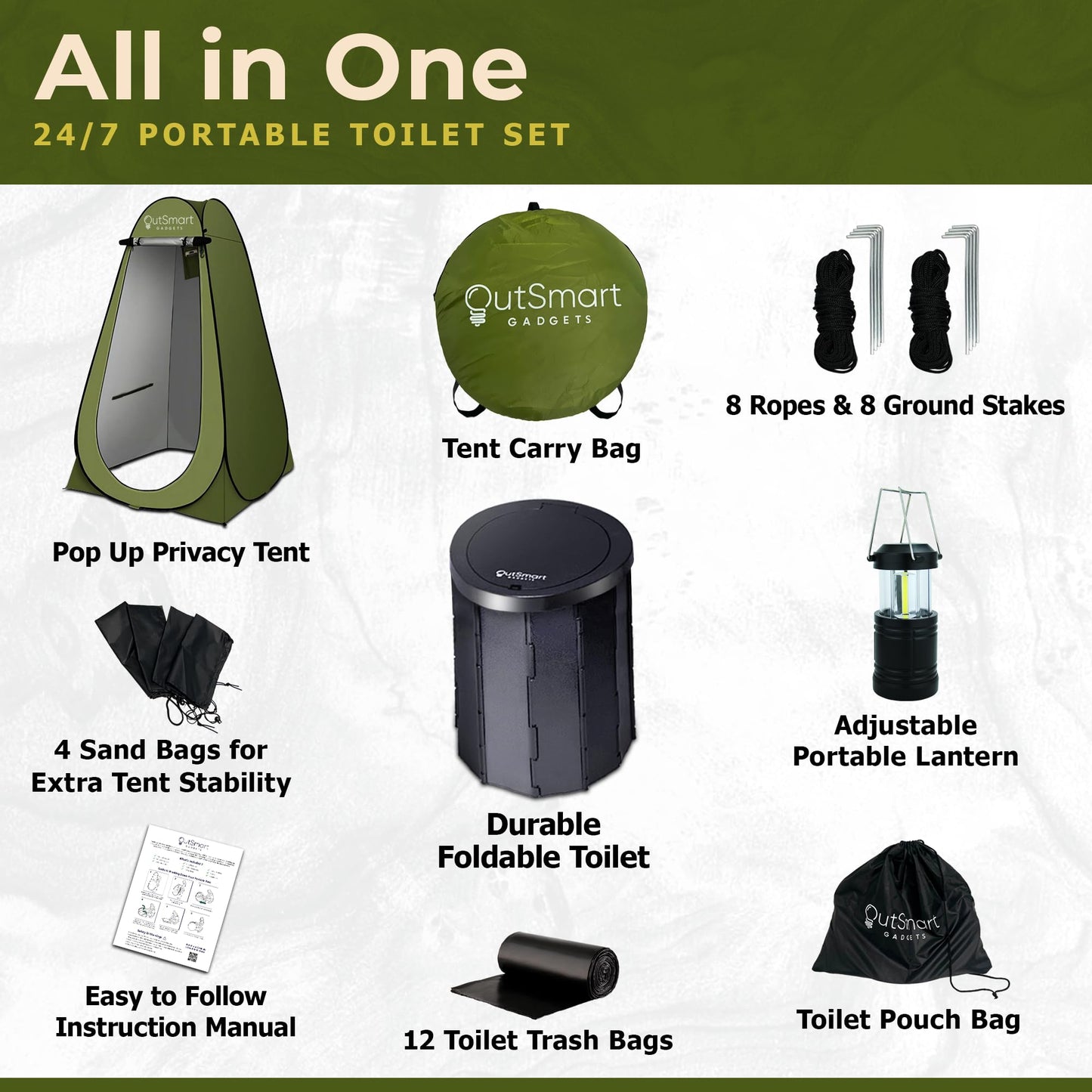 Outsmart Gadgets Portable Toilet Kit for Adults with Camping Night Lantern, Folding XL Toilet Seat, Pop Up Privacy Tent and Carry Bags, Multipurpose Potty, Washable Foldable for RV and Travel