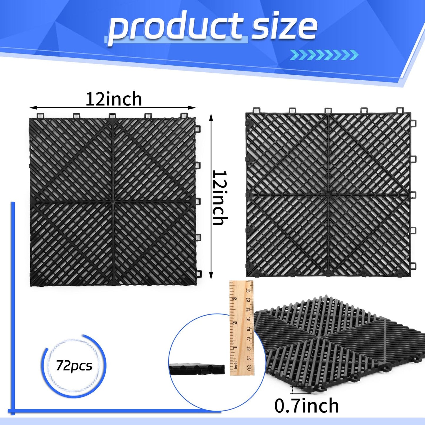 Barydat 72 Pcs 12'' x 12'' Garage Floor Tiles, Interlocking Drainage Flooring, Heavy Duty Non Slip Polypropylene, Easy Install for Garage Deck, Pool, Patio, Shower (Black)