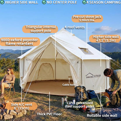 DANCHEL OUTDOOR B6 4 Season High Wall Yurt with Stove Jack, No Center Pole, Flame Retardant 900D Oxford Large Bell Tent Cabin House 4-5 Person Family Glamping, 13ft/4m