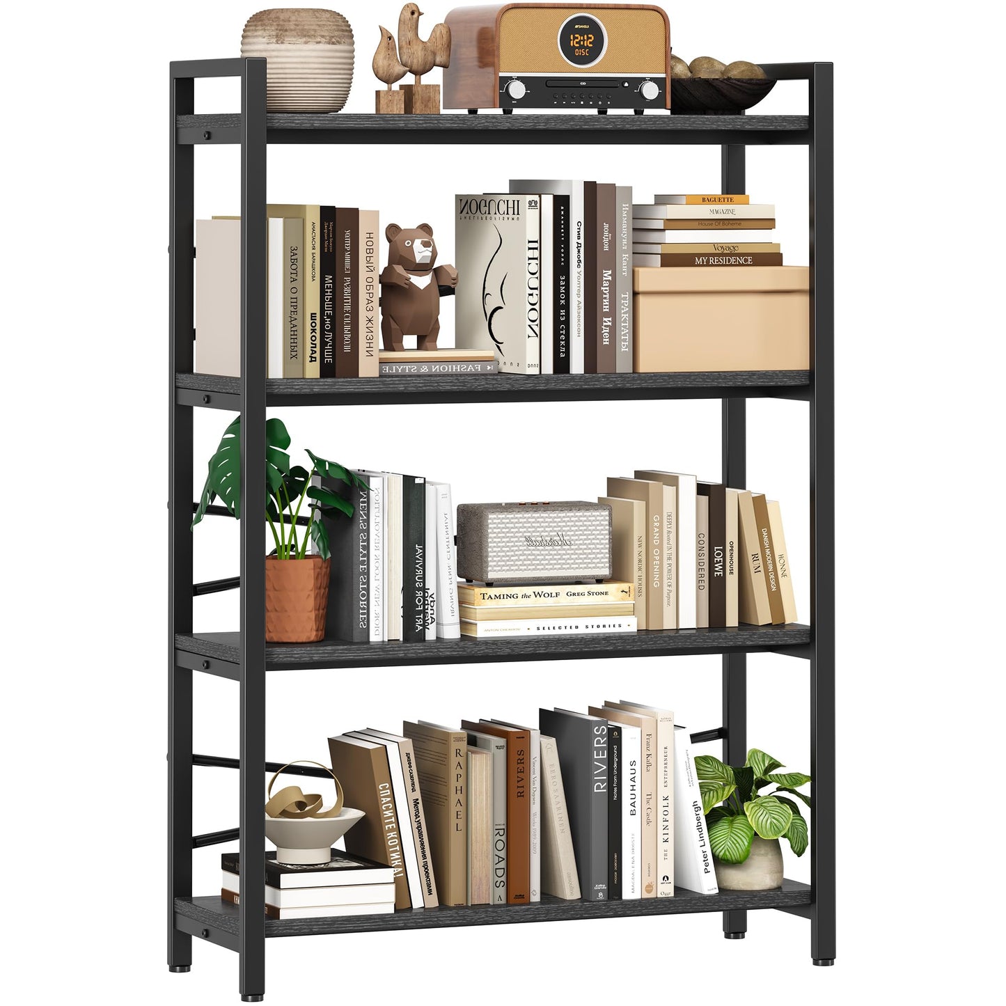 4 Tier Bookshelf 31.49" Width, Tall Book Shelf Storage and Organization, Wooden and Metal Industrial Bookcase, Large Book Shelves for Home Living Room Bedroom Office Storage(Black)