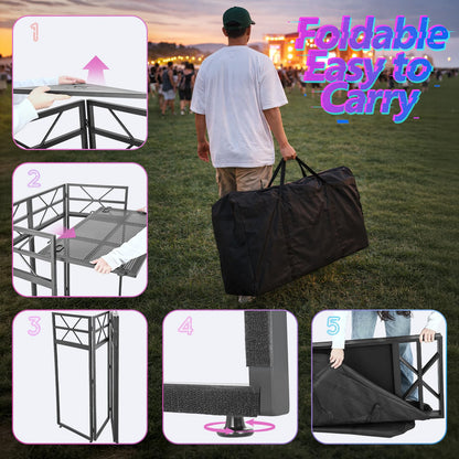 DJ Booth - Adjustable Height (33inch / 37.8inch), Portable DJ Table Stand with Carry Bag, Black & White Blackout Cloth, Foldable DJ Facade Booth for Event, Parties, Festival, Clubs (41.1 x 20.5inch)