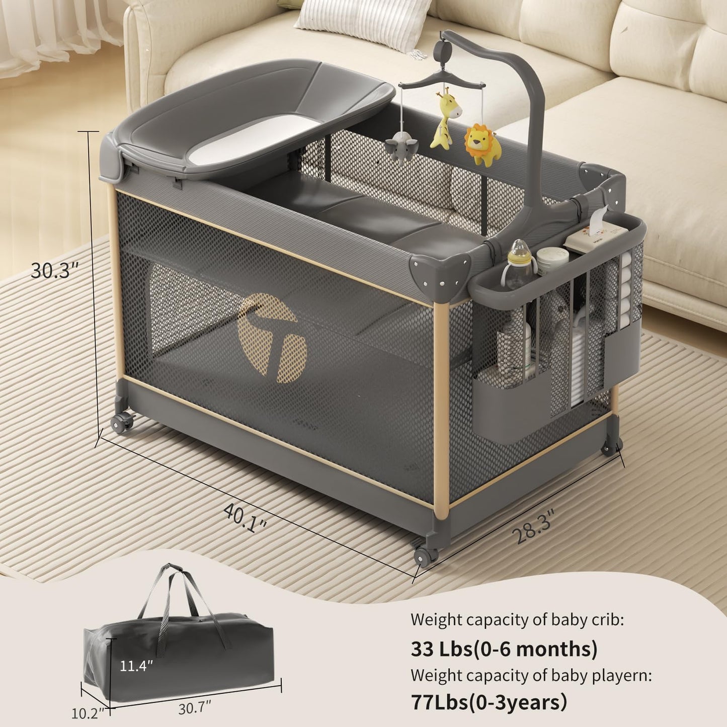 Trimigo 4-in-1 Pack and Play with Bassinet, Bedside Sleeper, Playard, and Changing Table, Folding Travel Crib with Musical Toy Rack & Bag, 4-Level Height Adjust, Newborn to Toddler（Ivy Gray）