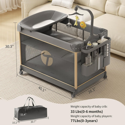 Trimigo 4-in-1 Pack and Play with Bassinet, Bedside Sleeper, Playard, and Changing Table, Folding Travel Crib with Musical Toy Rack & Bag, 4-Level Height Adjust, Newborn to Toddler（Ivy Gray）
