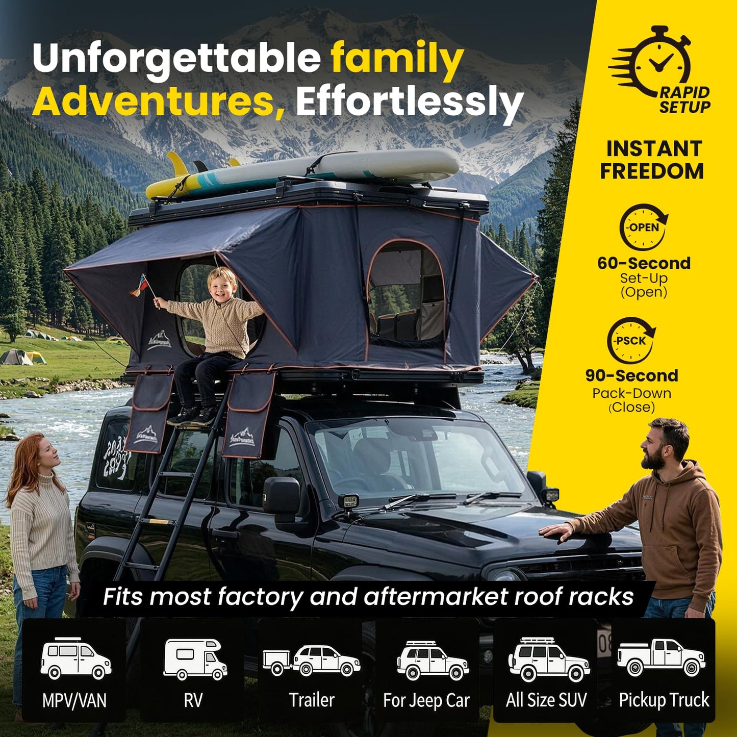 JIADROOE Hard Shell Roof Top Tent with Adjustable Crossbars, 4-Season Waterproof Pop-up Tent with Detachable Thermal Insulation Liner, Anti-Condensation Mat & USB Power Hub for Trucks, SUVs, Vans