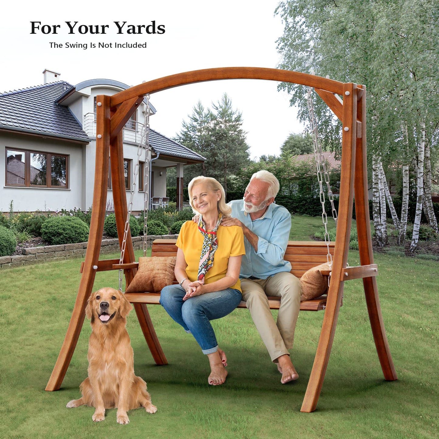 VINGLI 6.7FT Porch Swing Frame, 1000LBS Heavy Duty A-Frame Wooden Porch Swing Stand with Curved Arc Top for 5FT Porch Swing, Large Swing Hanger for Garden, Patio, Backyard & Indoor, Brown