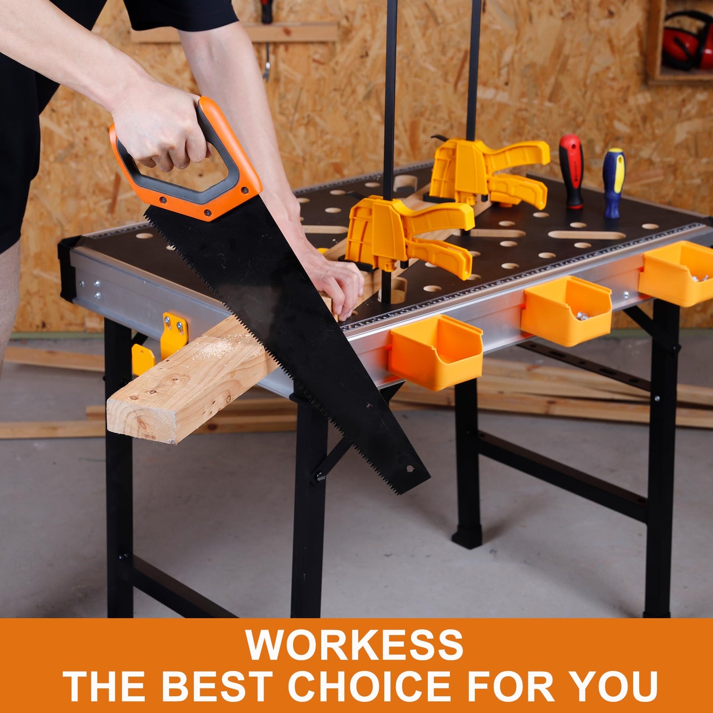 WORKESS Portable Workbench 1000Lbs Capacity Heavy Duty Folding Work Table with 2 Quick Clamps, 4 Bench Dogs, 3 Tool Boxes for Garage Easy Storage