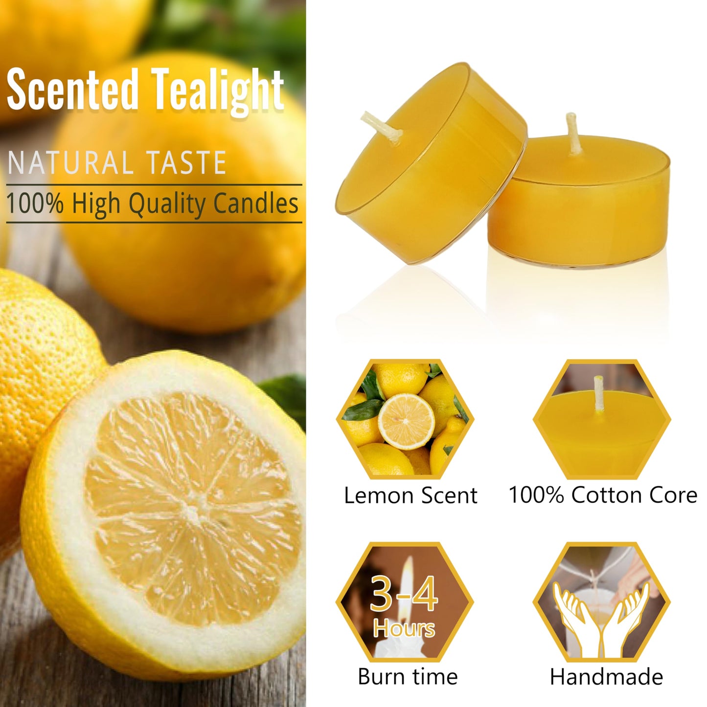 Tea Lights Yellow Tea Candles Set of 24 – Tealight Candles with Lemon Scent, Long Burning Handmade Tealights for Wedding Meditation Home Decor Gift