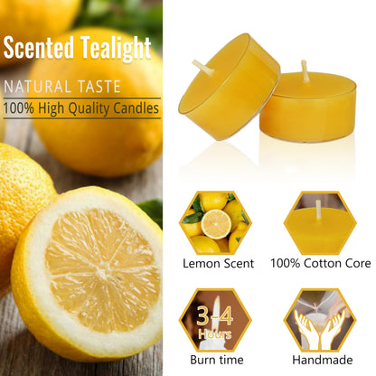 Tea Lights Yellow Tea Candles Set of 24 – Tealight Candles with Lemon Scent, Long Burning Handmade Tealights for Wedding Meditation Home Decor Gift