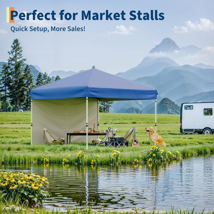 10x10 Pop Up Canopy Tent with 4 Sidewalls, Easy Up Camping Tent with One Button Push Setup, 3 Adjustable Height Outdoor Party Tents with 4 Weight Bags for Outdoor Events, Camping, Blue