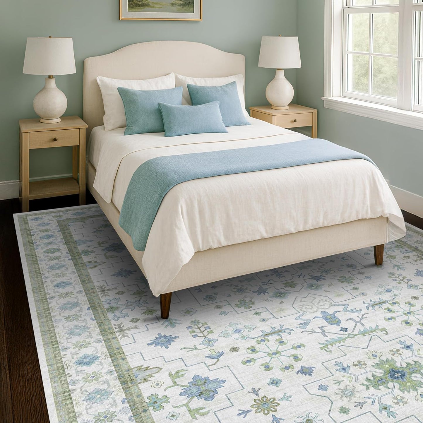 Skiennix Large 8x12 Area Rug - Washable Non-Skid Geometric Floral Design for Living Room & Bedroom