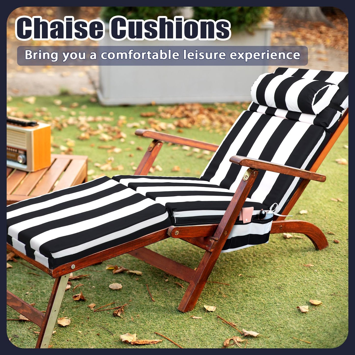 Wenqik 2 Pcs Outdoor Chaise Lounge Cushion with Pillow and Side Pocket Waterproof Lounge Chair Cushions with Pocket on Back 72 x 21 x 4 Inch Patio Replacement Pad for Pool Furniture(Black and White)