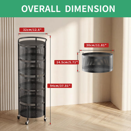 JAQ No Assembly 5-Tier Kitchen Storage Cart with Wheels, Rotating Produce Organizer for Onion, Potato & Vegetable Storage, Large Capacity Pantry Storage Rack, Black