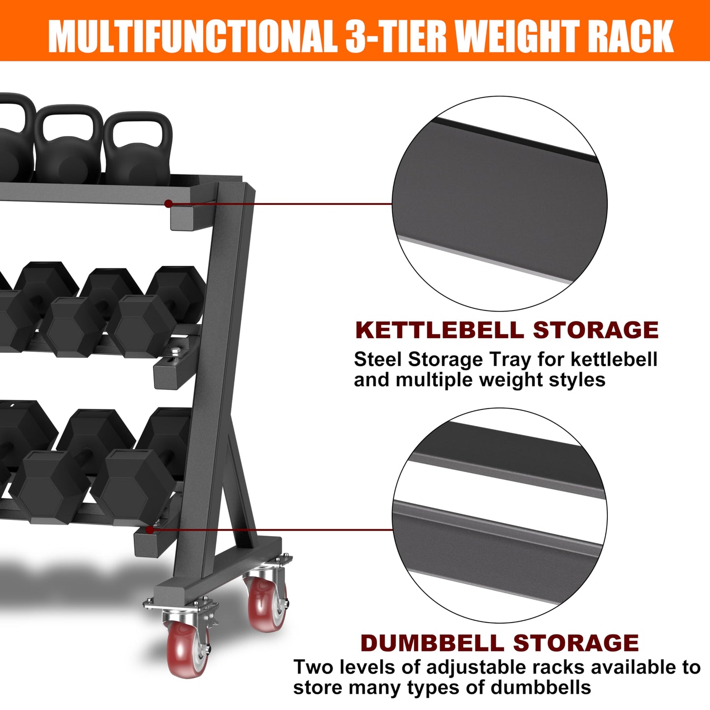 CHICAURA 3 Tier Dumbbell Rack with Lockable Wheels, 1200LBS Rolling Weight Rack for Home Gym, Heavy Duty Adjustable Dumbbell Holder for Kettlebell & Free Weights Storage Organizer