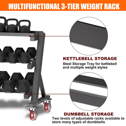 CHICAURA 3 Tier Dumbbell Rack with Lockable Wheels, 1200LBS Rolling Weight Rack for Home Gym, Heavy Duty Adjustable Dumbbell Holder for Kettlebell & Free Weights Storage Organizer