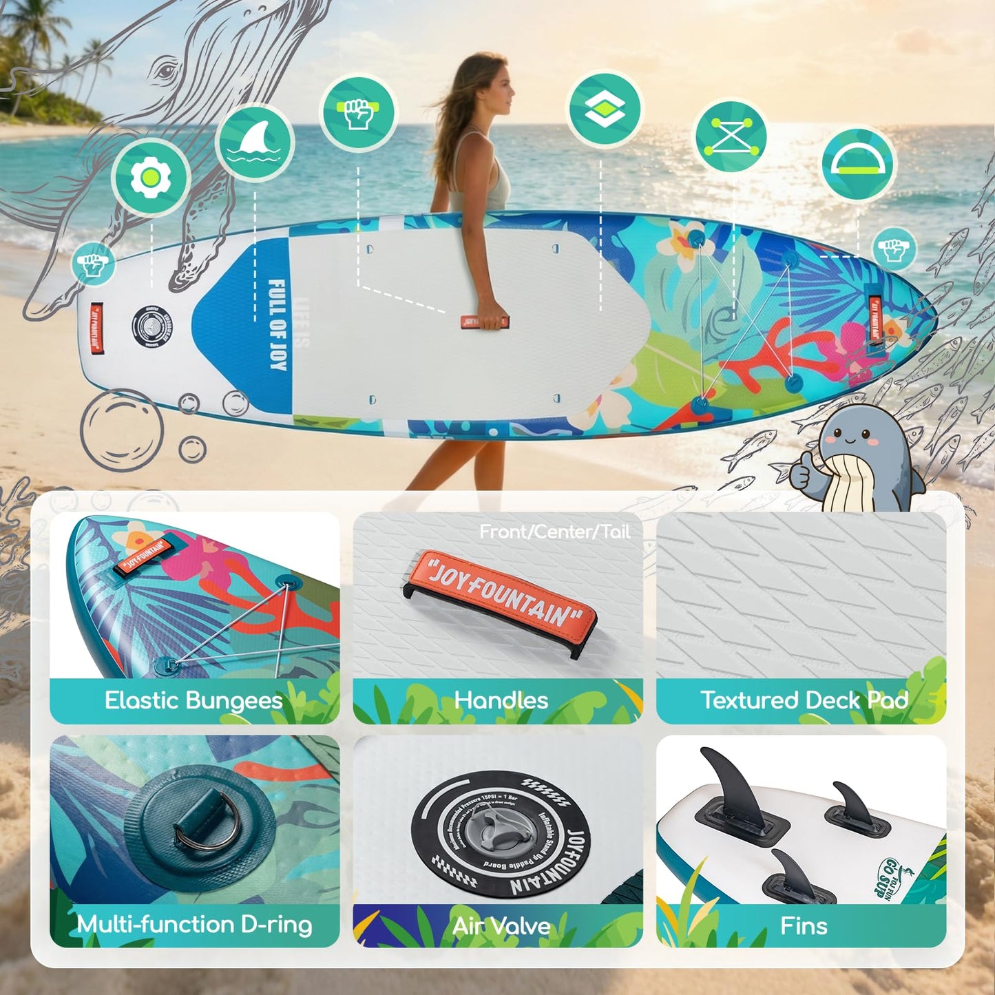 FOJ JOYFOUNTAIN 10'/11' Inflatable Stand Up Paddle Board with Premium SUP Paddleboard Accessories, Wide Stable Anti-Slip EVA Deck,Paddle Boards for Adults & Youth of All Skill Levels (11' Whale)