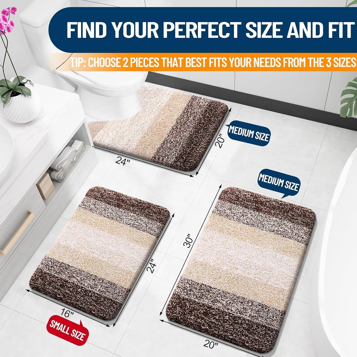 OLANLY Bathroom Rug Set - Soft Absorbent Microfiber Non-Slip Mats | Plush Shaggy, Brown (30"x20"+24"x16")