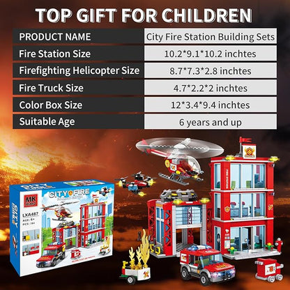 City Fire Station Building Kit Compatible with Lego Fire Rescue Building Blocks Includes Fire Station Fire Truck Fire Helicopter and Drone Toy Set Gift for Kids Boys Girls Age 6-12（784 PCS）