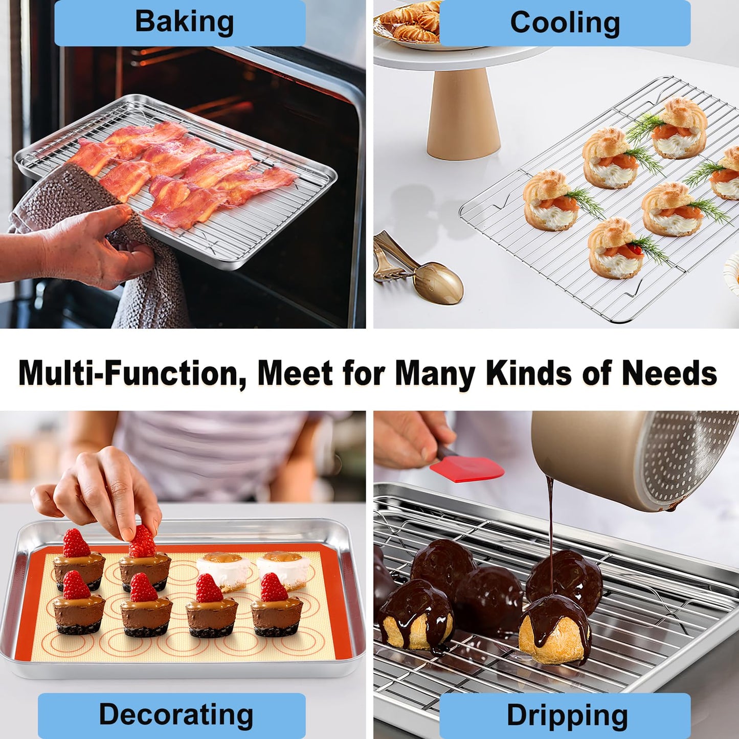TeamFar Toaster Oven Pan, 12.4’’ x 9.7’’ x 1’’ Stainless Steel Baking Pan Tray Cooling Wire Rack with Silicone Mat Set for Cooking Use, Healthy & Sturdy, Oven & Dishwasher Safe, Set of 3
