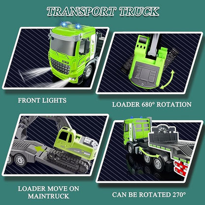 Fistone RC Semi-Trailer Truck &amp Excavator Toy Set 1:12 Scale with Sound and Lights 11CH 2.4Ghz Remote Control Flatbed Truck and Excavator Toys Great Gift for Kids Boys