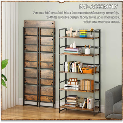 4NM No Assembly 5 Tier Collapsible Book Shelves, 51.2" H x 23.6" W Folding Bookshelf Bookcase Open Industrial Foldable Shelf for Bedroom, Living Room, Home Office - Rustic Brown
