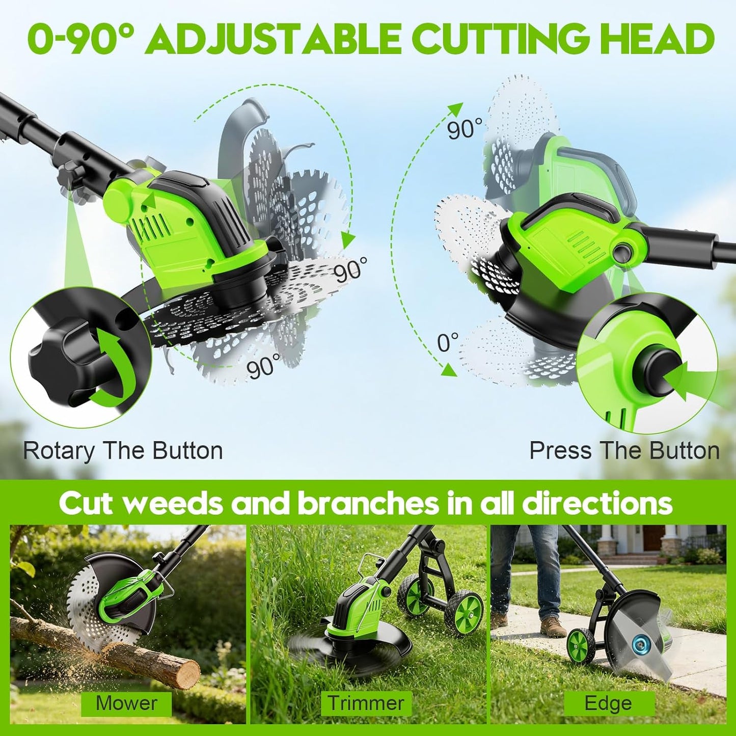 Skiennix 20000 RPM Electric Weed Wacker - Cordless 12" Brushless Grass Trimmer with 4-in-1 Functionality & 2 Batteries