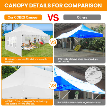 COBIZI 10x30 Pop up Canopy with Roller Bag & 8 Removable Sidewalls, Canopy Tent for Parties, Wedding, and Commercials, Waterproof and Instant Shelter UV50+ Outdoor Gazebo with 4 Sandbags(White)