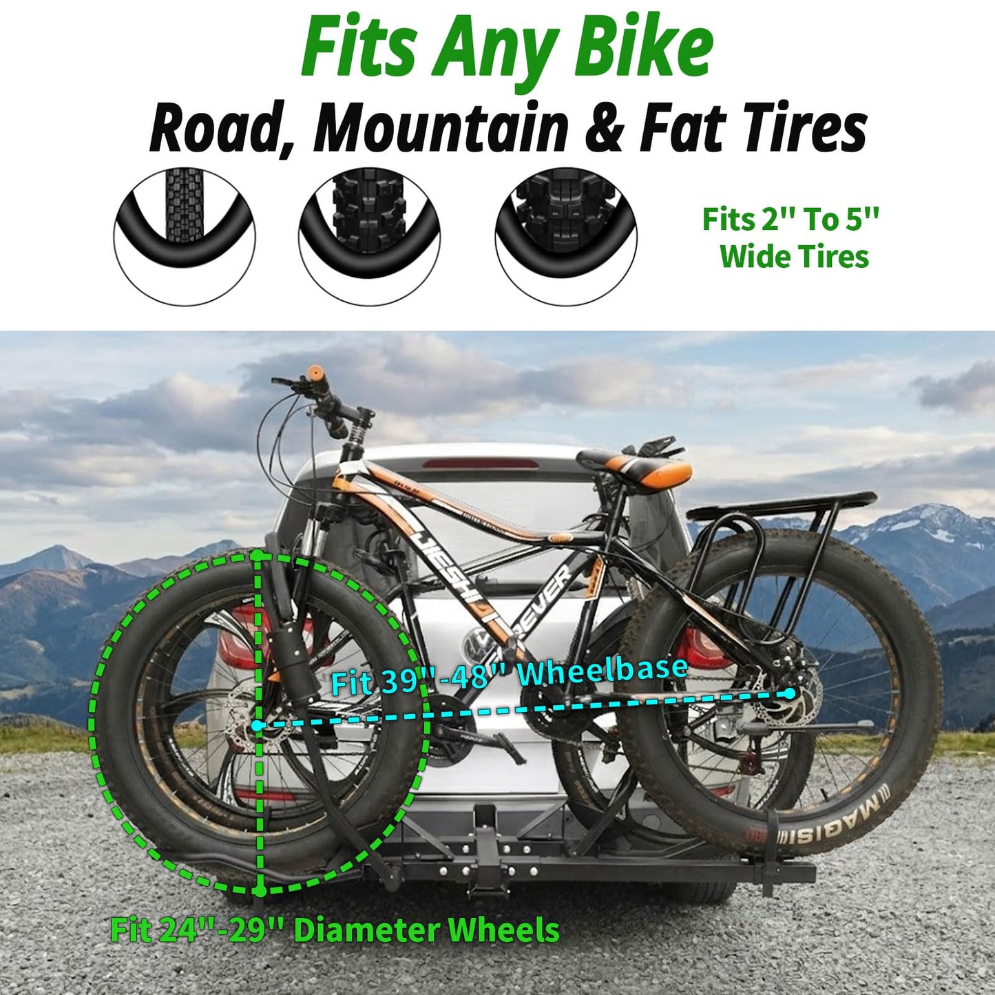 Bike Rack Hitch Mount with Ramp for 2 Bikes – Platform Ebike Rack Fits Fat Tires up to 150 lbs – Foldable & Tilt Electric Bike Rack for SUV, Truck, RV – 2 Inch Receiver