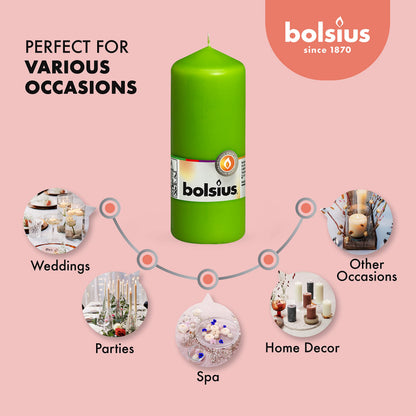 BOLSIUS 10 Lime Green Pillar Candles - 2.25 x 6 Inches - Premium European Quality - Individually Wrapped - 42 Burn Hours - Dripless Smokeless Unscented Dinner, Wedding, Party, & Home Decor Candles