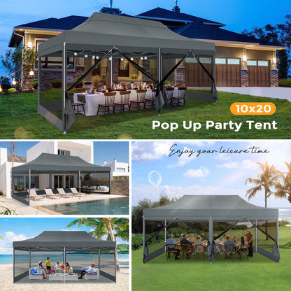COBIZI 10x20 Heavy Duty Pop Up Canopy Tent with 6 Sidewalls, Easy Set Up Outdoor Waterproof Screen Commercial Party Tent with Mosquito Netting for Parties Backyard Patio, Roller Bag, Gray