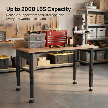 VUWIF 48" Workbench with Footpads, Adjustable Height Workbench with Rubberwood Top, Built-in Power Strip with 4 AC Outlets and 2 USB Ports, 2000 LBS Capacity for Garage, Workshop, and Home