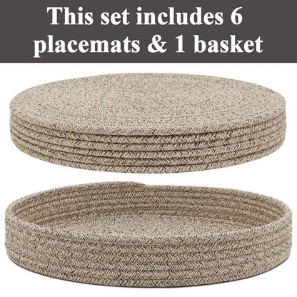 Round Placemats Set of 6 with Holder, Cotton Rope Woven Place Mats, Hot Pads for Kitchen, Heat Resistant Table Mats, 13 Inch Farmhouse Washable Braided Placemat for Kitchen Decor (Brown)