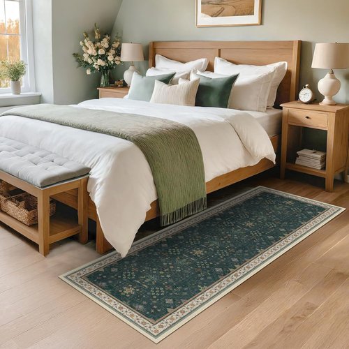 Dark Green Kitchen Rug - Modern Vintage Boho Floral Design | Washable Non-Slip 2x5 Runner for Entryway