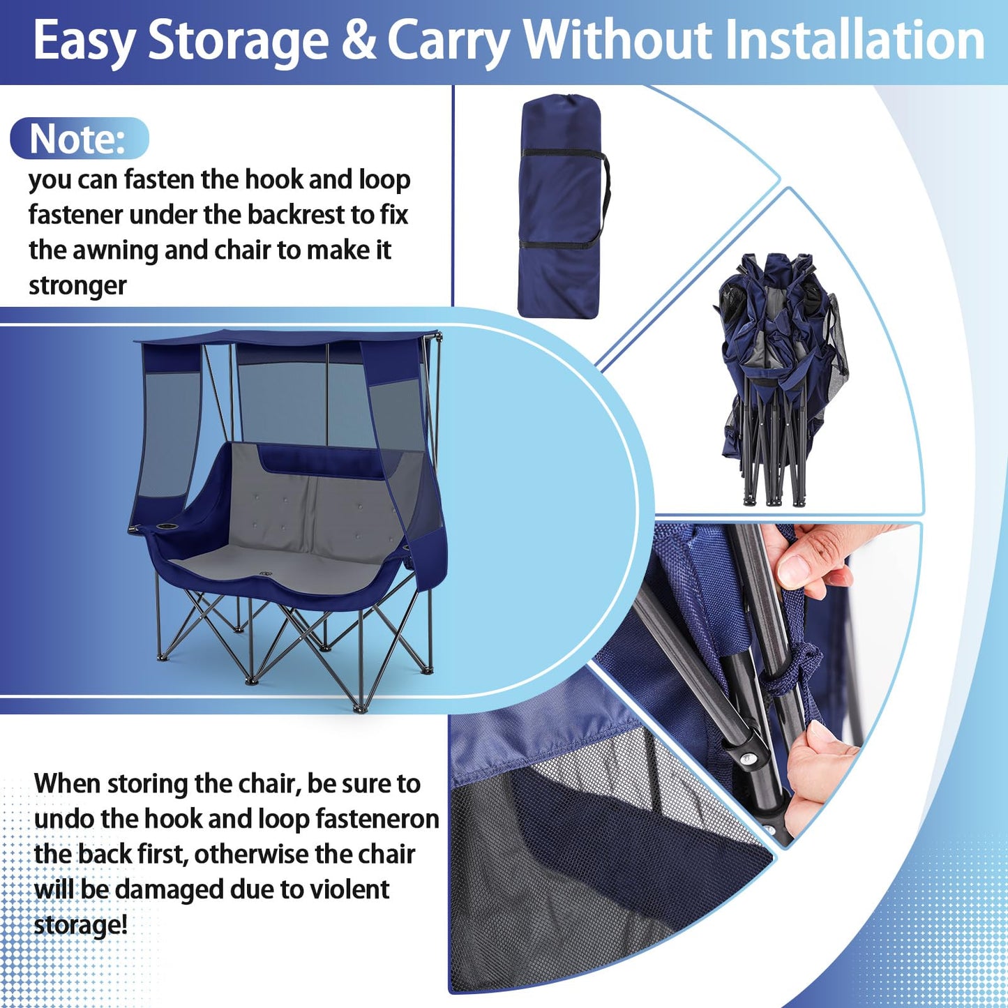 Teenyyou Double Camping Chair with Canopy - 2 Person Beach Chair with UV Sun Protection 660lbs Heavy Duty Foldable Loveseat with 2 Cup Holder & Storage Bag for Lawn Beach Outdoor Sport(Blue and Grey)