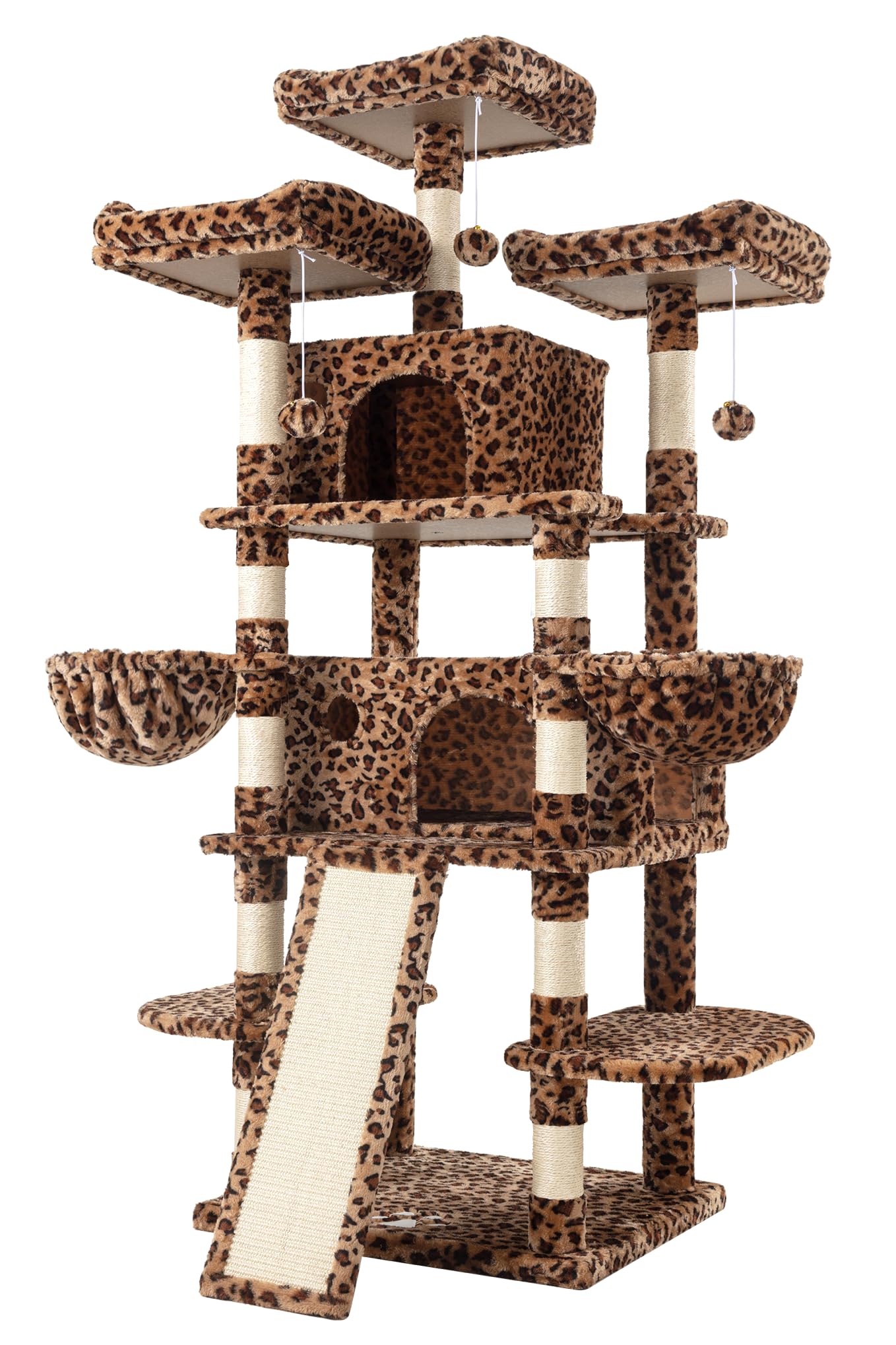 Allewie 68 Inches Cat Tree/House and Towers for Big Feline/Scratching Post/Multi-Level Large Kitty Climbing Tree with Condo/Leopard Print