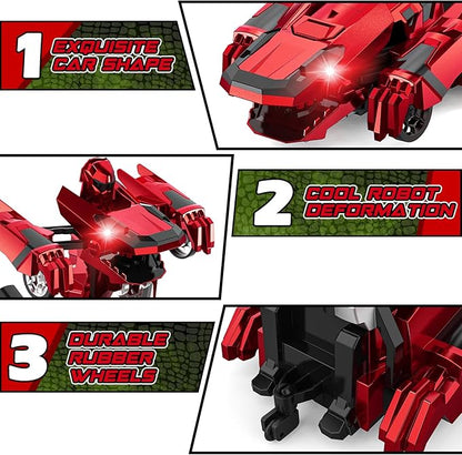 Dinosaur Transform Rc Cars 2.4Ghz Remote Control Car Transforming Robot with Flashing Light 360° Rotation One Button Deformation Car Toy Gifts for Boys Age 4-7 8-12
