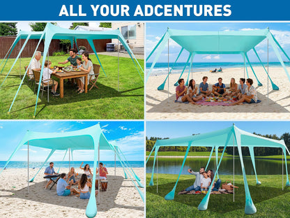 Beach Tent Sun Shelter, 13x10FT Beach Shade Canopy with 10 Sandbags, UPF50+ Outdoor Beach Canopy for Camping Trips, Fishing, Backyard - Sand Shovel, Ground Pegs & Stability Poles