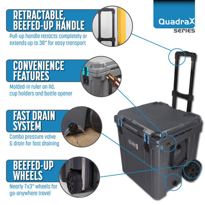 Cubix Outdoors QuadraX 46QT Wheeled Rotomolded Portable Hard Cooler for Camping, Fishing, Beach | Heavy Duty Insulated Ice Chest with Wheels and Handle | Cold Retention 5 Days (Ember Orange)