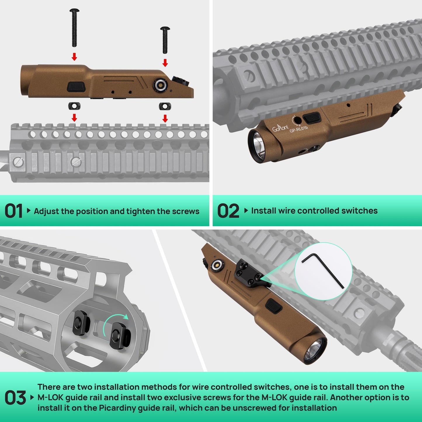 GOPLANT 2500 Lumen Aluminum Alloy Rifle Laser Light Combo, 2.5 Hours Long Runtime AR15 Weapon Light and Green Laser, Picatinny Rail MLOK Mounted LED Tactical Flashlight (Desert Tan)