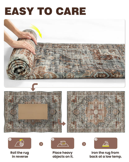 Roxstand 5x7 Area Rugs, Stain Resistant Machine Washable Area Rugs with Non-Slip Backing, Vintage Rugs for Bedroom, Living Room, Large Soft Low Pile Area Rug (Grey/Brown/Tan, 5'x7')