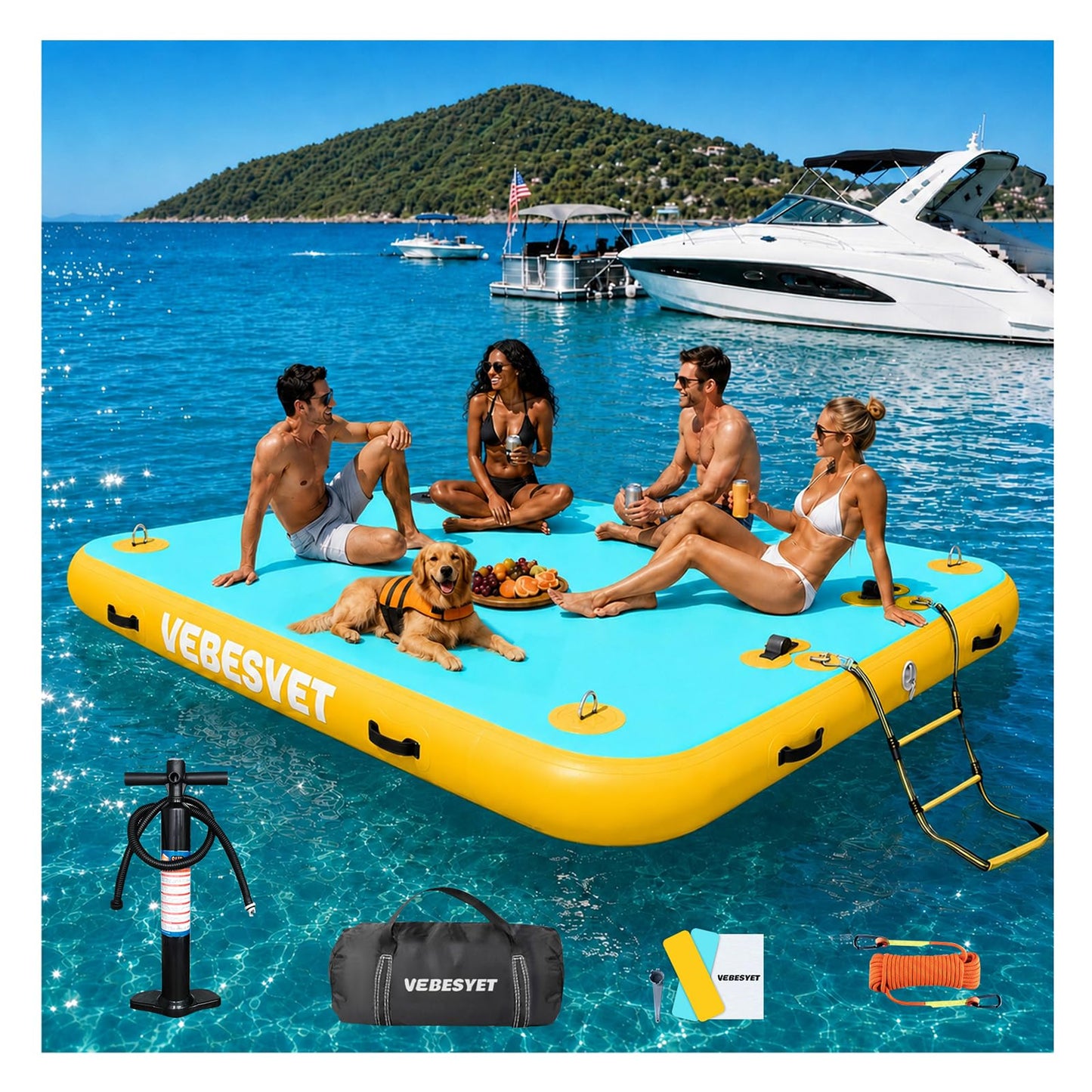 VEBESYET Inflatable Dock Water Platform, 5 x 6ft Multi-Person Inflatable Floating Island Raft for Family Party Beach Lake Boating Ocean