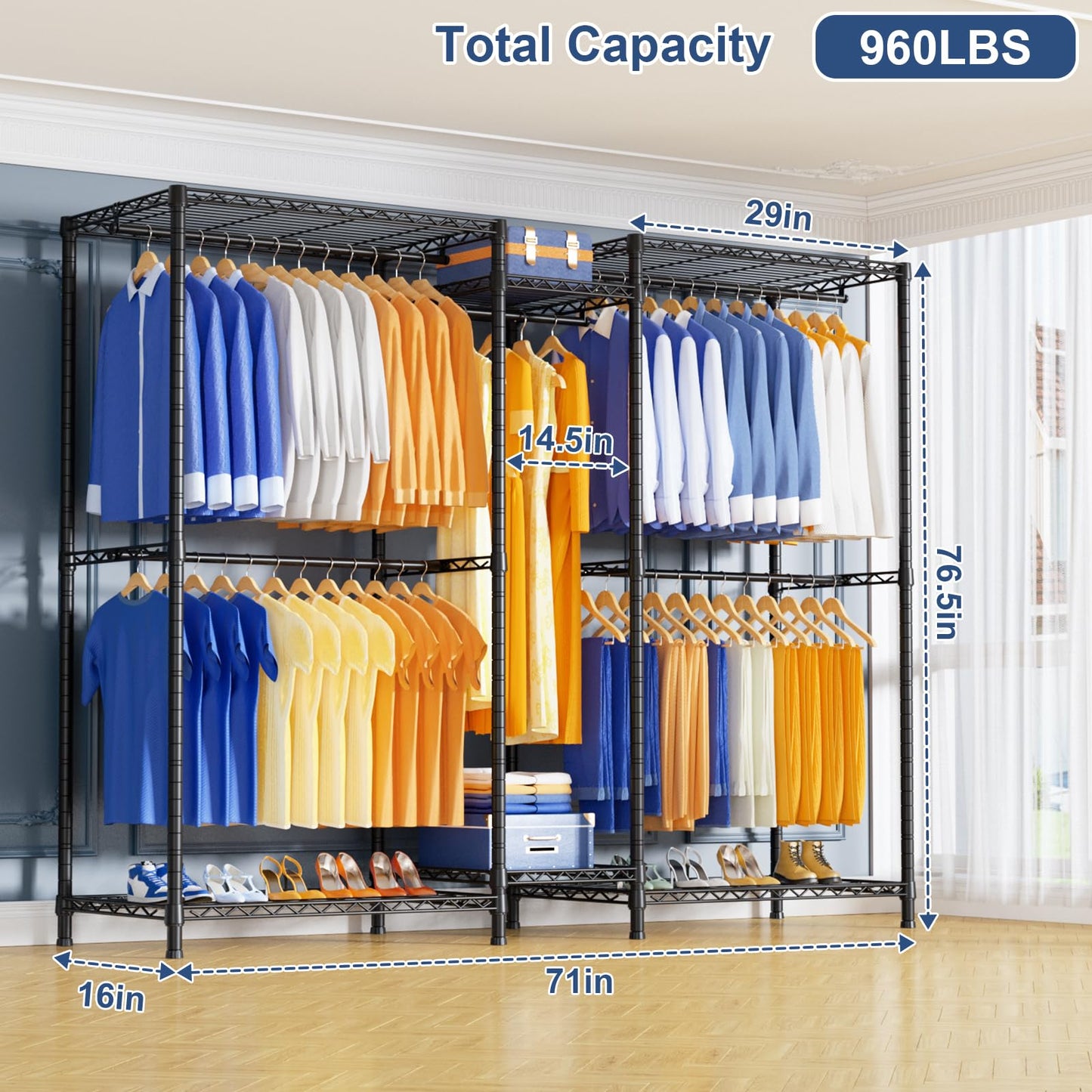 Ulif E12 Pro Clothes Rack，Heavy Duty Freestanding Garment Rack with Shelves，Metal Clothing Closet Storage System for Hanging Clothes，71" W x 16" D x 76.5" H, Hold 960 lbs，Black