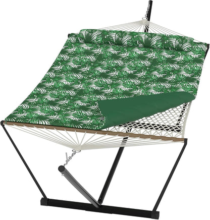 2 Person Outdoor Hammock with Stand, Person Cotton Rope Hammock with Polyester Pad, Portable Hammock with Carrying Bag, for Patio, Garden, Beach, Backyard Camping