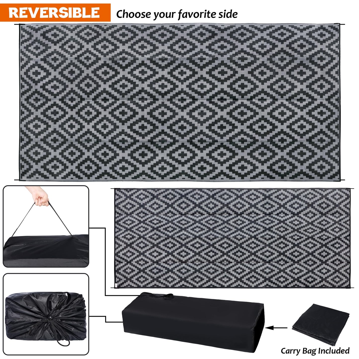 SAND MINE Waterproof Outdoor Rug 10x20 ft, Plastic Reversible Rug, Modern Area Rug, Large Floor Mat for Outdoors, RV, Patio, Backyard, Deck, Picnic, Beach, Camping, Black & Grey